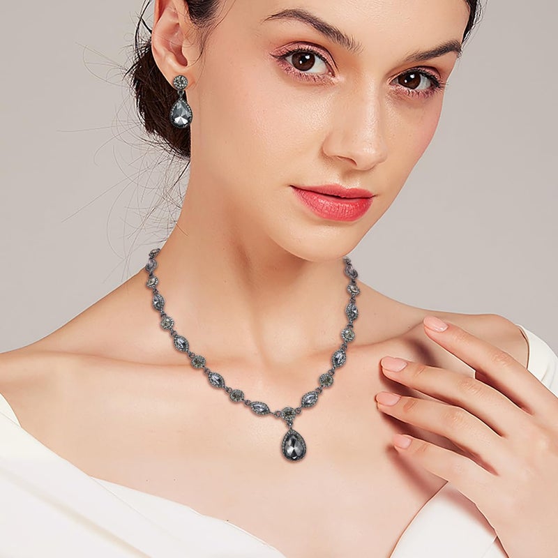 EleQueen Women's Wedding Bridal Jewelry Set for Brides Bridesmaids, Crystal Teardrop Necklace Dangle Earrings Jewellery for Party Prom Grey Color Black-Tone - Image 2